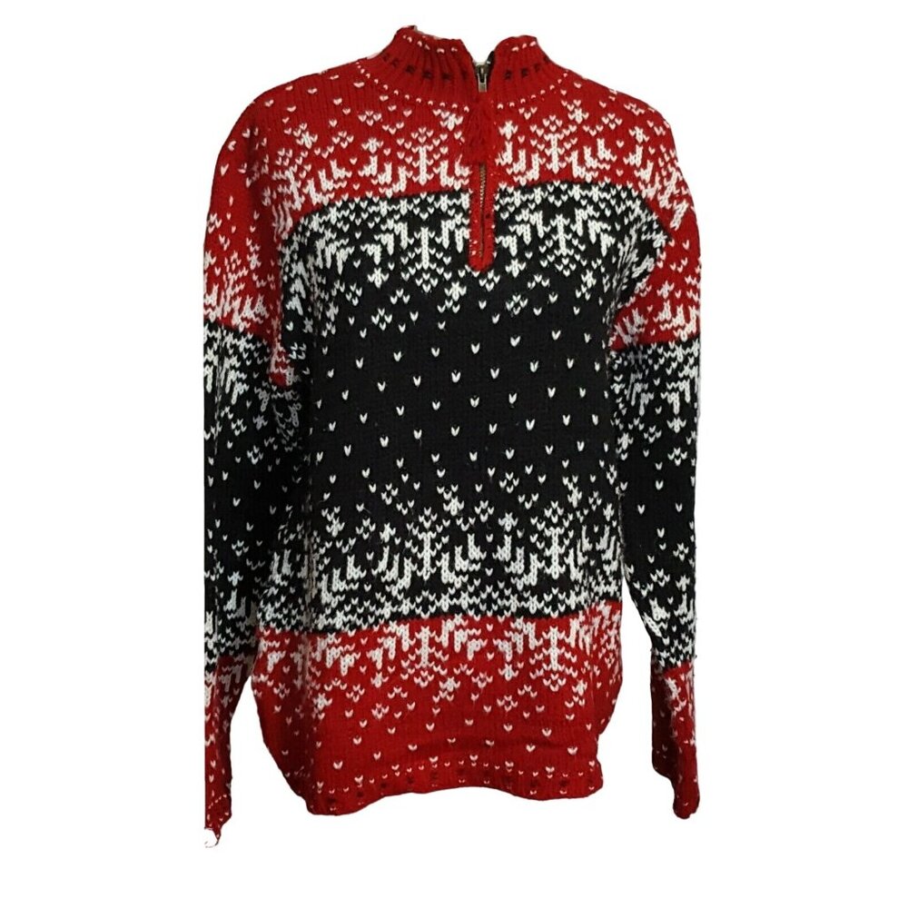 Tally Ho Knit‎ Sweater Mens L Black Red White Quarter Zip Mock Neck Vintage 70s